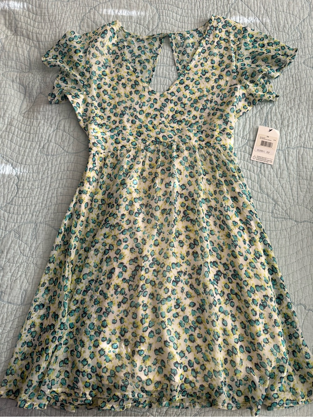 Floral Flutter-Sleeve women 
Dress in Teal and Yellow
